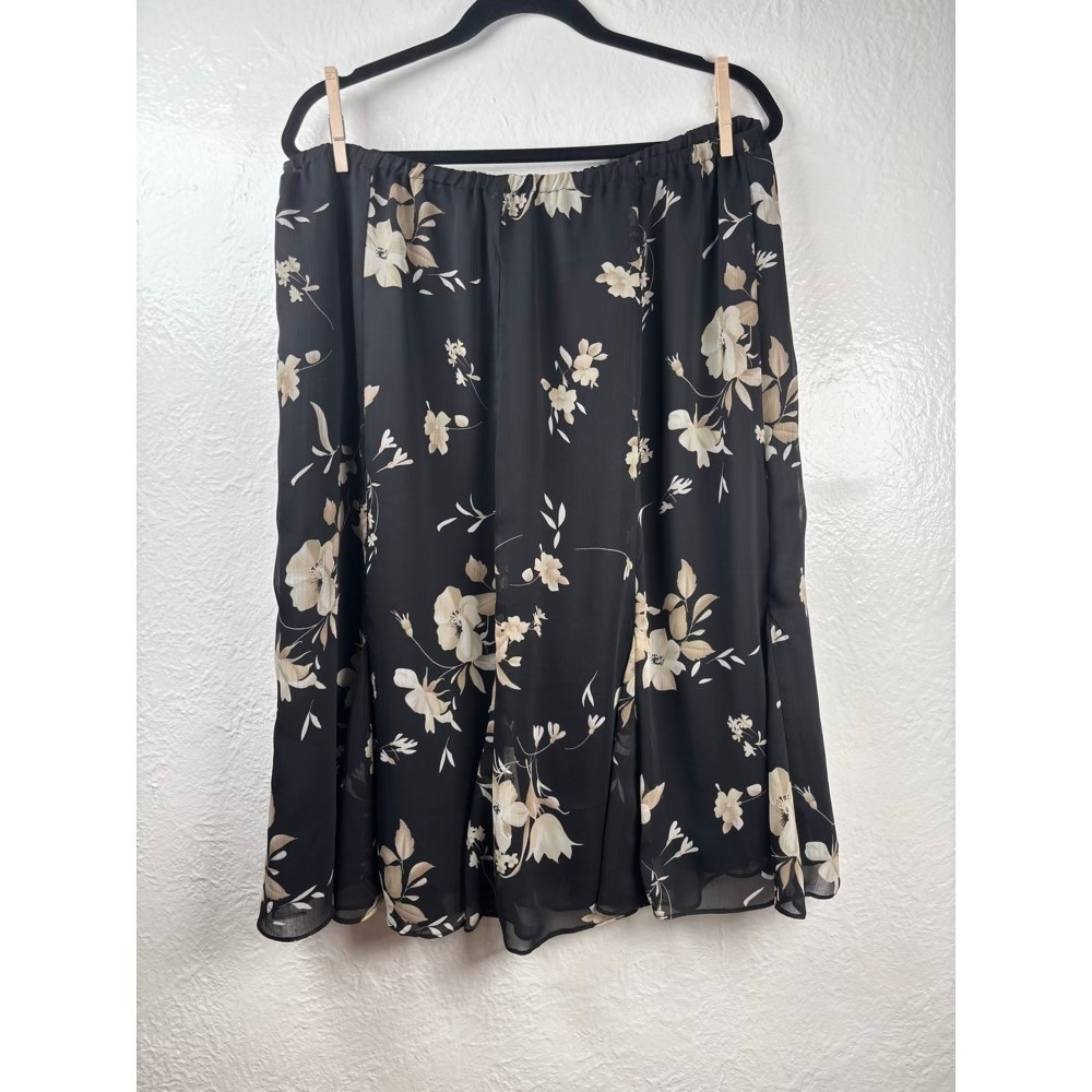 Chiffon Midi Skirt Women 18 Black Cream Elastic Waist Dark Floral Romantic Y2K